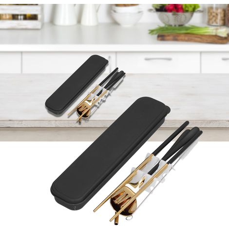 Ensemble de couverts portables en acier inoxydable 304, baguettes, cuillères, fourchettes et pailles peintes, ensemble pratique, noir et or (1/5)
