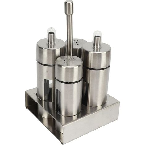 Lot de 4 Huile et Vinaigre et Poivre et Sel avec Support, Bouteilles de Vinaigre et d'huile, Ensemble Salière et Poivrière en Acier Inoxydable, Étagère à Épices, Pour Cuisine Restaurant (1/5)