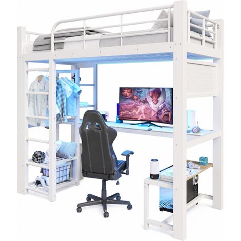 Lit mezzanine 90x200 cm en métal blanc avec bureau, étagères, barre de penderie, panneau perforé, LED d’ambiance et sécurité renforcée, pour petit espace - CHICFURN (1/5)