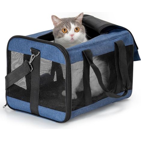 Sac de transport pour chats, petits chiens, chatons ou chiots, souple et pliable avec tapis en laine, idéal pour les voyages en avion, voiture et train (bleu). (1/5)