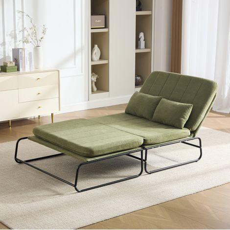 Divano letto 2 posti convertibile con struttura in metallo e tessuto chenille verde oliva (1/5)