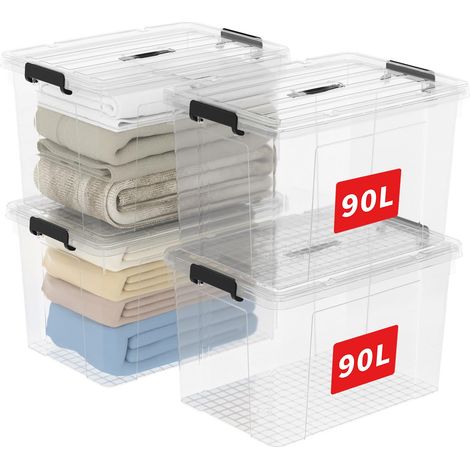 90L4 Boîte de Rangement, Bac de rangement avec Poignée, Plastique Organisateur avec Couvercle, Empilable, Transportable, pour Vêtements, Bureau, Chambre, Dortoirs, Transparent, 90L - Lot de 4 (1/5)