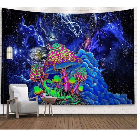 Tenture Murale Galaxie Nébuleuse, Tapisserie Hippie Psychédélique Tapisseries Murale Art Abstrait, Tapestry Murale Décoration de Chambre avec Planète, Champignons et Motif de Foudre (1/5)