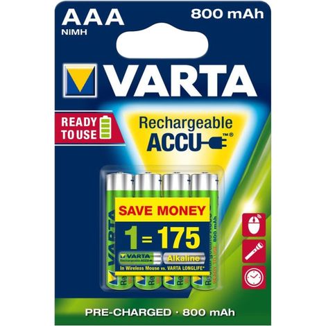 4x 800mAh AAA Micro HR03 Akkus Varta Typ 56703 / aufladbare Batterien Ni-MH, 1,2V Spannung, geringe Selbstentladung (75% nach 24 Monaten) (1/2)