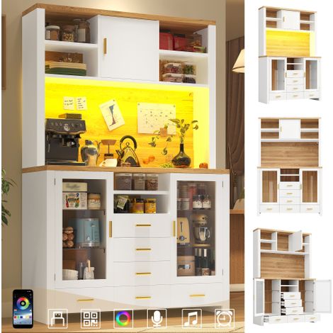 Buffet haut de cuisine blanc plateau aspect bois 120x40x188cm MDF 4 portes vitrées 6 tiroirs éclairage LED pilotable application étagères verre système anti-bascule charge 60kg style rustique cuisine (1/5)