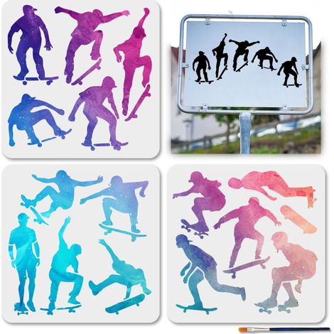 3 Pochoir de Peinture de Sport de Skateboard 30 × 30cm avec Pinceau Réutilisable pour Passionné de Skateboard Modèle de Dessin pour Mur en Bois Fenêtre Bricolage Décoration (1/5)