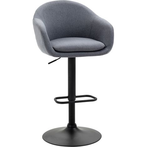 Tabouret de bar réglable en hauteur avec dossier et repose-pieds, structure métal noire, assise gris lin, 54 x 54 x 112 cm (1/5)