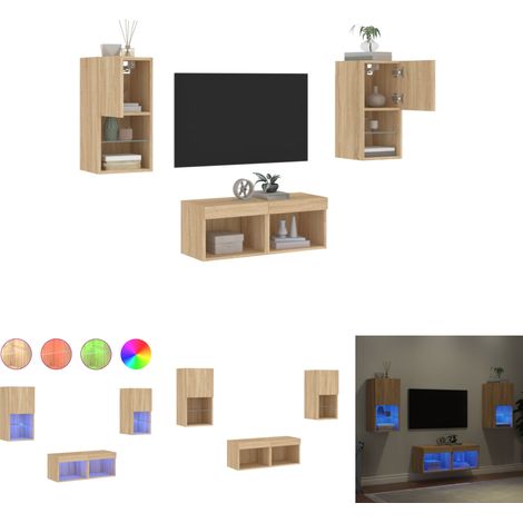 The Living Store 4-tlg. TV-Wohnwand mit LED-Leuchten Sonoma-Eiche - TV-Möbel (1/5)