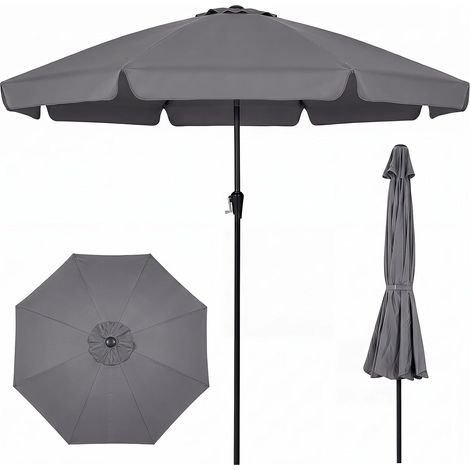 Parasol de Jardin, Grand Parasol Bord Festonné, Inclinaison Orientable 30° Bouton-Poussoir, Poteau en Bois de Hêtre, 8 Baleines Fibre de Verre, Gris (1/5)
