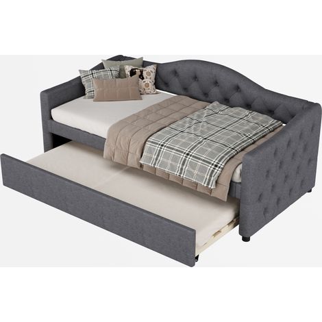 CHICFURN Lit banquette 90x200 cm avec lit gigogne, canapé-lit minimaliste gris en tissu et MDF, style moderne pour petit salon, chambre d'amis et gain de place (1/5)