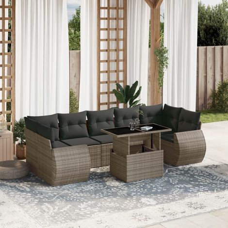 Salon de Jardin 8 Pièces Gris en Résine Tressée avec Coussins Modulaires, Table à Hauteur Réglable et Housses Lavables (1/5)