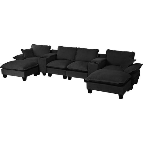 Canapé cloud modulaire en U, style voilier, avec 2 consoles de rangement centrales et porte-gobelets, port USB, 2 ottomans et 2 coussins, revêtement en chenille pour appartements et salons, Noir (1/5)