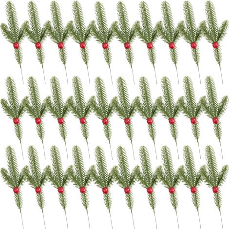 (Kleine Größe 30 Stiele pro Beutel. Verpackung inklusive.) (Künstliche Pflanze mit drei roten und grünen Zweigen) 30 künstliche dreizweigige Stiele mit Früchten, Weihnachtsdekoration, Zubehör für DIY- (1/3)