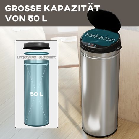 50 L Capteur Poubelle avec Fermeture Silencieuse, Poubelle Sans Contact en Acier Inoxydable pour Cuisine Hygiénique, Bureau, Argent (1/4)