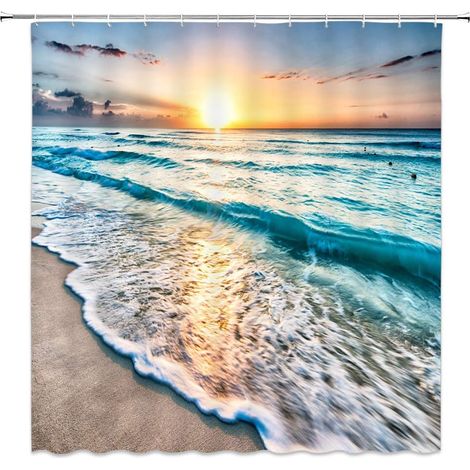 Rideau de douche plage coucher de soleil océan tropical, tissu polyester imperméable avec crochet.