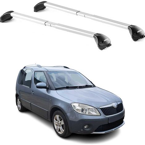 OMAC Barres de toit transversales certifiées TÜV pour Skoda Roomster / Praktik / Scout 2006-2015 – Verrouillables (4 antivols) – Charge max 100 kg – Sangle inox + protection caoutchouc Argent (1/4)