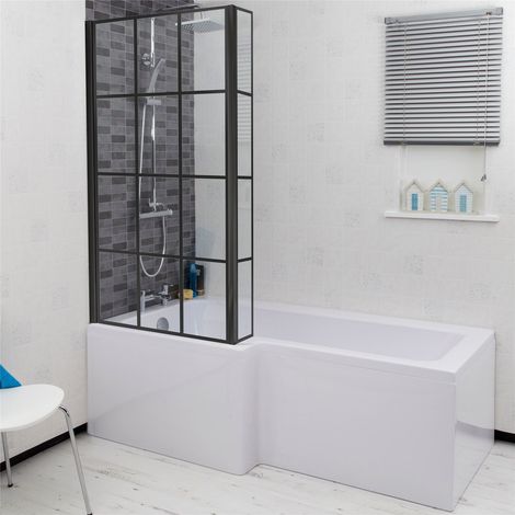 Bathroom L Shaped Bath Black Grid Shower Screen LH Front End Panel White 1600mm (1/5)