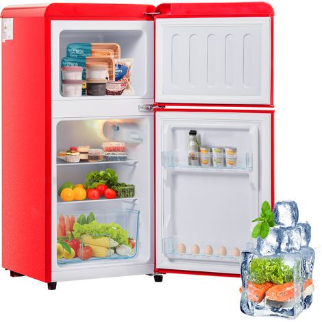 Réfrigérateur congélateur rétro 88,8 x 45,5cm double porte 60L total 22L congélation 102 kWh / an plage-27°C13°C éclairage LED