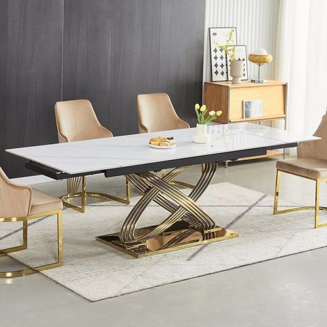 Table de salle à manger 160/240 x 90 cm plateau céramique marbré & pieds métal doré Domitille (1/5)