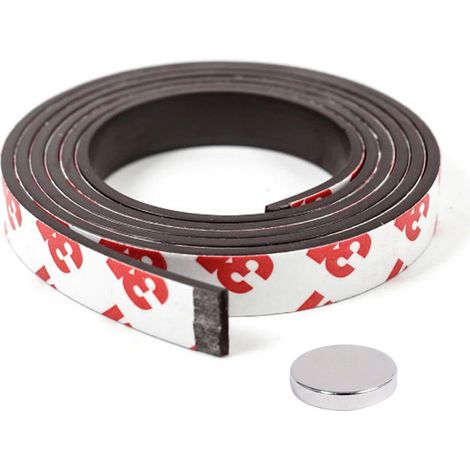 Magnetband mit 3M-Selbstklebekleber, Abmessungen: 100 cm / 15 mm / 1,5 mm + Neodym-Magnet 10 mm x 2 mm