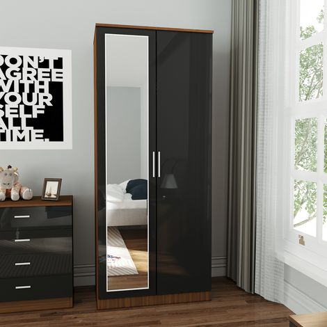 ELEGANT Soft Close 2 Doors Wardrobe with Mirror and Metal Handles Includes a removable hanging rod and storage shelves High Gloss, Black/Walnut