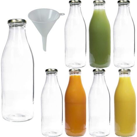 Viva Haushaltswaren – Bottiglie di Vetro/Latte Biberon da 250 ML con Tappo a Vite – argentate e Imbuto, Vetro, Coperchio Oro, 8 x 1000ml (1/5)