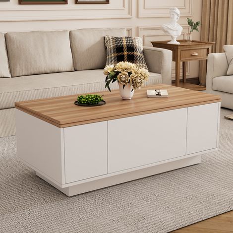 Table basse relevable double – Mécanisme à 2 plateaux, rangement caché, 2 portes – Capacité 50 kg – Design blanc + bois (1/4)