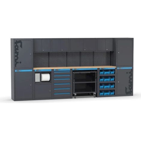 arredamento modulare per officina fami "linea 391" con armadi a un anta, modulo di servizio, cassettiera, carrello e contenitori in lamiera antracite 395,2x49,5x190 cm (1/4)