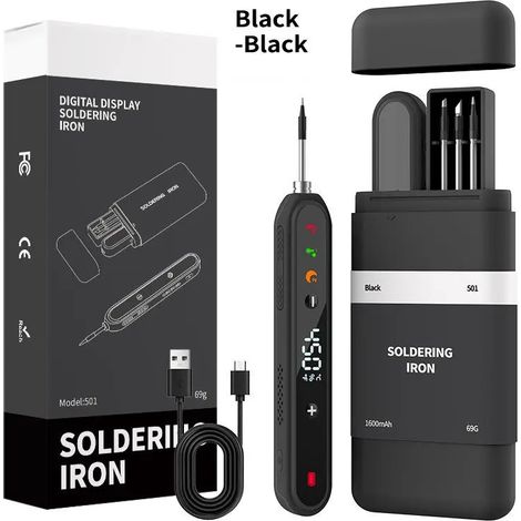 Kit de fer à souder sans fil USB-C à batterie 1400 mAh, Kit de fer à souder avec support, écran LCD,chauffe en 8s, 180–450 °C(Article 6) (1/5)
