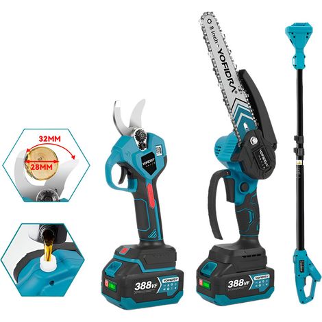 Motosierra de batería Brushless de 8 pulgadas y tijera de podar eléctrica de 28 mm, con pértiga telescópica ajustable (1-1,7 m), con dos baterías y cargador