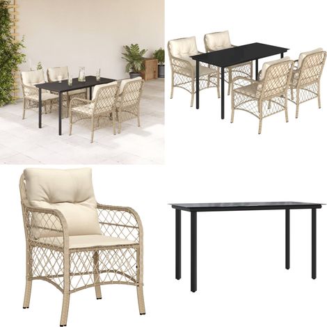 Ensemble à manger de jardin avec coussins 5pcs Beige poly rotin - Table extérieur - Chaise extérieur
