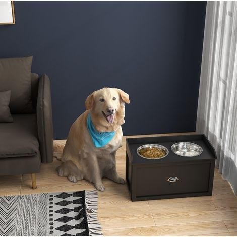 Estación de alimentación para perro con 2 cuencos inox de 2 L y cajón, negro OKMYHOME (1/5)