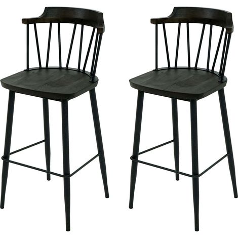 2er-Set Barhocker HHG-877b, Tresenhocker Barstuhl, Massivholz Retro Design Metall Fußablage Gastronomie anthrazit