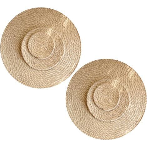 Lot de 2 (6) sets de table anti-brûlures, non lavables, en lin et paille, résistants à la chaleur, couleur bambou beige, 11 cm, 24 cm et 36 cm. (1/5)