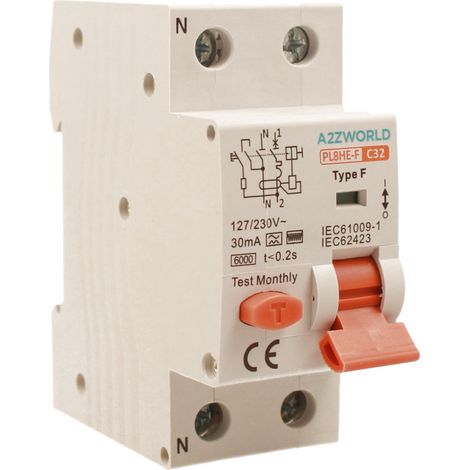 RCBO Interruttore Magnetotermico Differenziale Tipo F Curva C 1P+N 2M 6000A 30mA AC 230V IP20 IEC61009-1, Corrente Disponibili 10A 16A 20A 25A 32A 40A 63A (C32A)