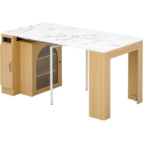 Ilot de cuisine mobile sur roulettes avec table extensible plateau imitation marbre, éclairage LED, multiprise USB USB-C, meuble multifonction nature pour cuisine salle à manger (1/5)