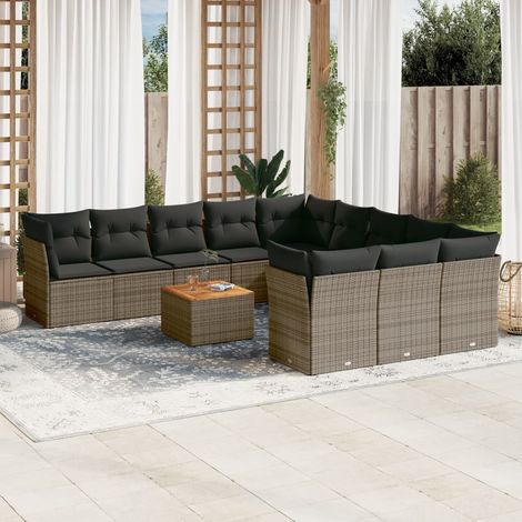 Salon de Jardin 12 Pièces - Ensemble Canapés d'Angle et Centraux Gris Résine Tressée, Table Acacia, Coussins Lavables (1/3)