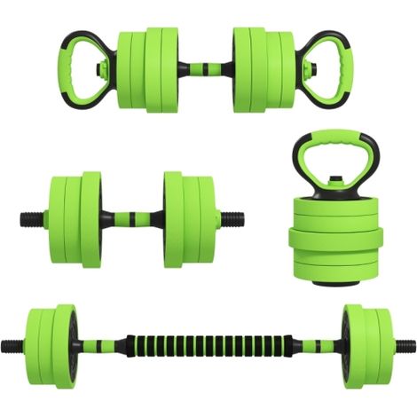 Set di manubri 4 in 1, manubri regolabili da 20 kg, bilanciere, kettlebell, maniglie per flessioni, colore verde, spedito direttamente dalla fabbrica. (1/5)