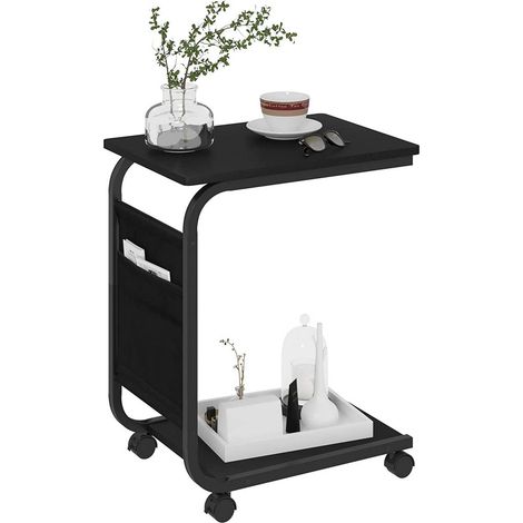 WOLTU Tavolino da Caffè. Tavolino con 2 Ripiani e 1 Tasca Laterale. Tavolino da Soggiorno a Forma di C. su Rotelle. per Divano Letto. in Legno Truciolare e Metallo. 50x35x62cm. Nero (1/5)