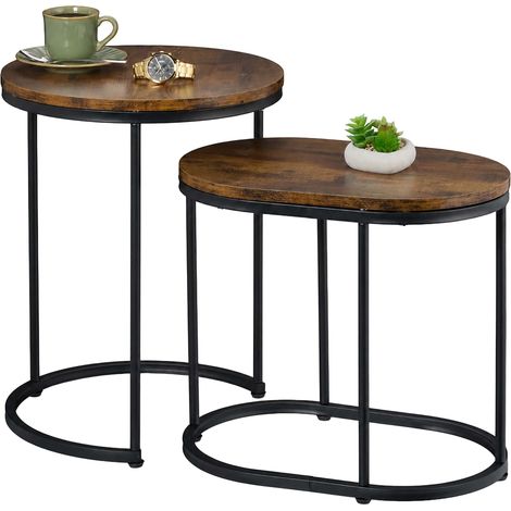 Relaxdays Satztisch 2er Set, oval & rund, Holzoptik, Metall, Wohnzimmer, Industrial Design, Beistelltisch, braun/schwarz (1/5)