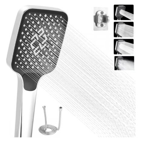 4Modes Shower Head, High Pressure Shower Head, Bathroom Shower Head, Water Saving Shower Head, Shower Head, Large Shower Head with Hose and Base (Silver) (1/5)