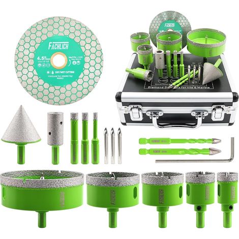 Scie Cloche Carrelage Kit - 16 Pièces Foret Diamant Carrelage Kit(6/8/10/25/35/50/65/100mm+20mm Fraise+50mm Foret Chanfreineuse+Adaptateur+Disque Diamant),avec Trépans Tige Triangulaire (1/5)