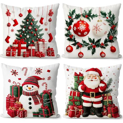 Lot de 4 housses de coussin décoratives de Noël, housses de coussin d'hiver 3D Père Noël, cerf, bonhomme de neige pour canapé-lit. (1/5)
