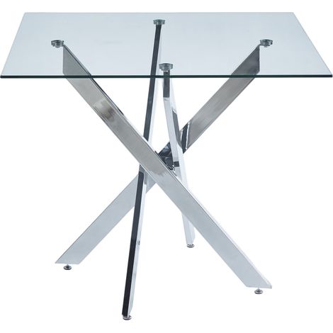 Mesa de comedor cuadrada de cristal templado con patas metálicas cruzadas 80x80x75 cm color plata (1/5)