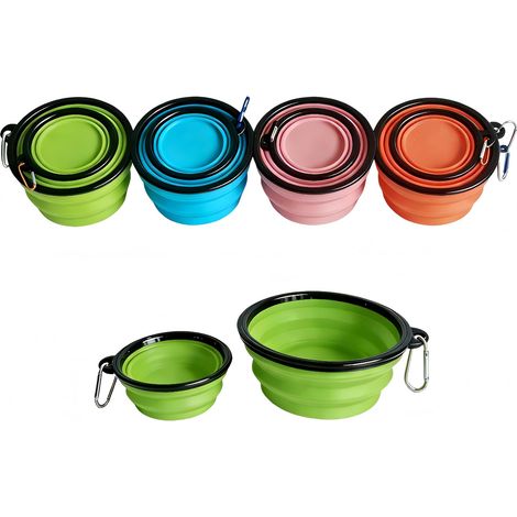 Foldable Dog Bowl with Carabiner - One Piece Moulded Edge - Prevent Folding Travel Food and Water Bowls for Dogs (Green, 350ml+1000ml) - Set of 2 (1/5)