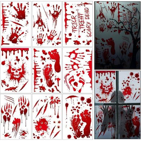 9 décorations de fenêtre pour Halloween - Autocollants réalistes de mains et de pieds ensanglantés, pour Halloween décorations. (1/5)