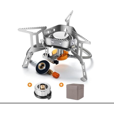 Hornilla de camping，3200 W，con encendido piezoeléctrico，resistente al viento，para todos los cartuchos de rosca，hornilla de camping，gris