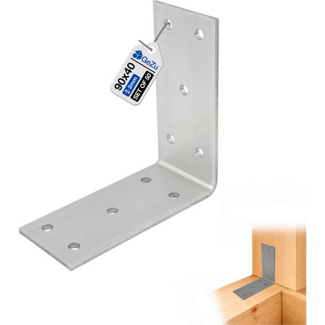 Lot de 50 Équerre d’assemblage renforcée galvanisée 90 x 90 x 40 mm – plaque perforée connecteur métal fixation bois/métal patte de raccord – GeZu Impex