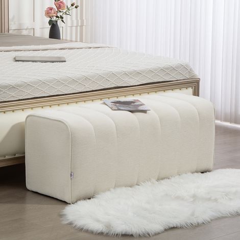 Banc bout de lit. banquette rembourrée. style moderne. ottoman en tissu aspect lin. 110 x 40 x 44 cm. crème