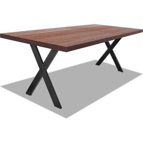 Tavolo da pranzo 220x100cm in legno e metallo con piedi ad "X" e ripiano in colore legno teak
